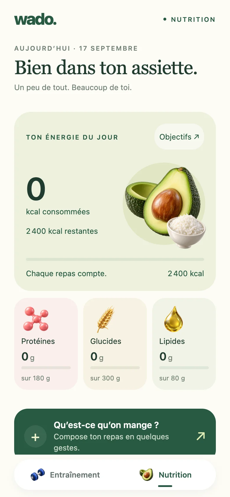 Écran Wado Nutrition : énergie du jour, protéines, glucides et lipides.