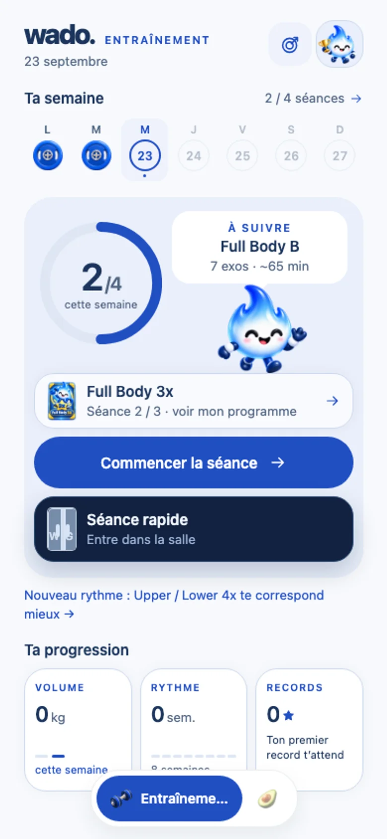 Écran Wado Entraînement : semaine, séance Full Body et suivi de progression.
